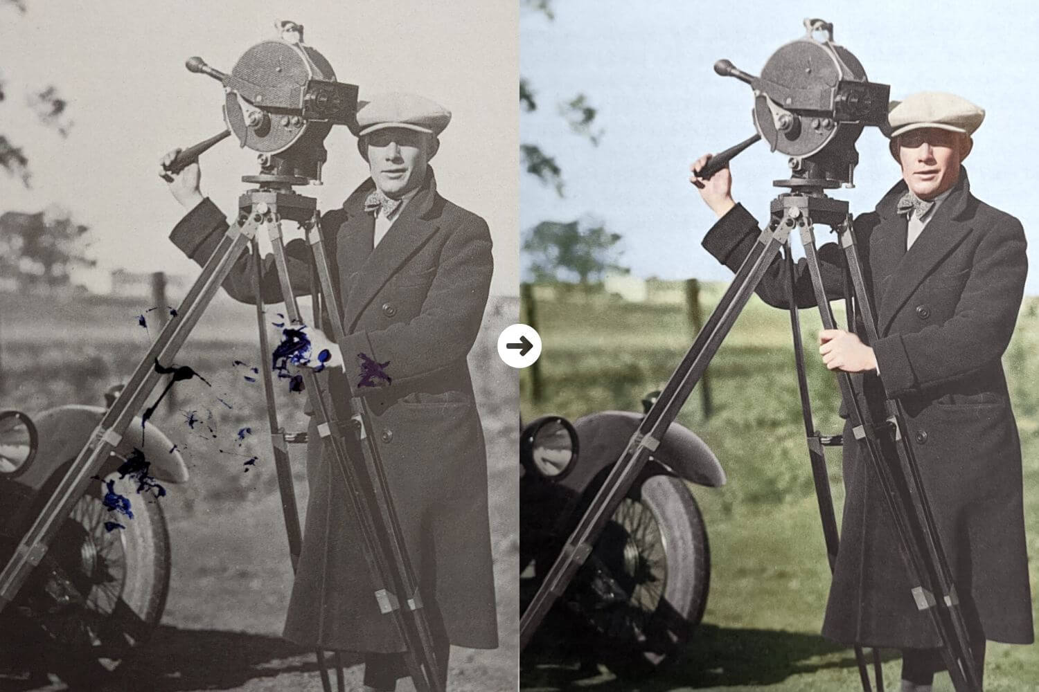 person writing in a notebook beside by an iPad, laptop, printed photos, spectacles, and a cup of coffee on a saucer